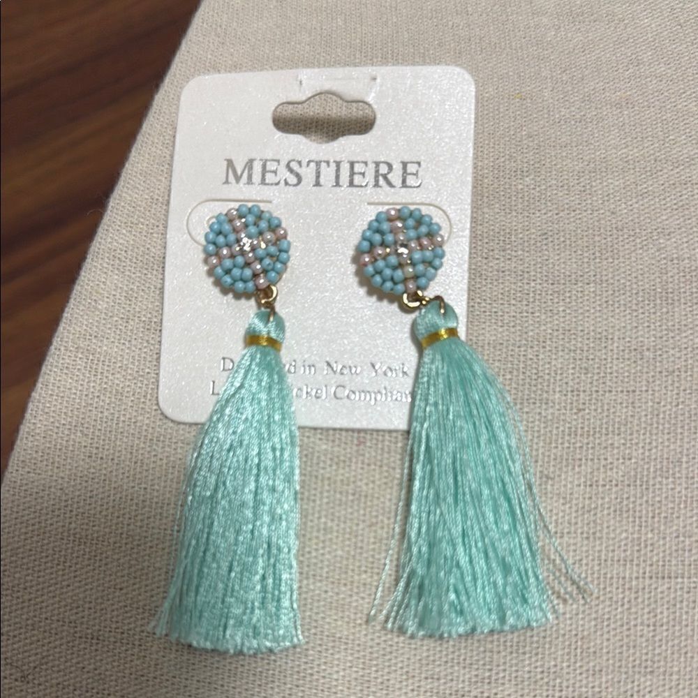 NWT Mestiere Silk Tassel earrings with Post Back. Mint color with Beaded Cap.